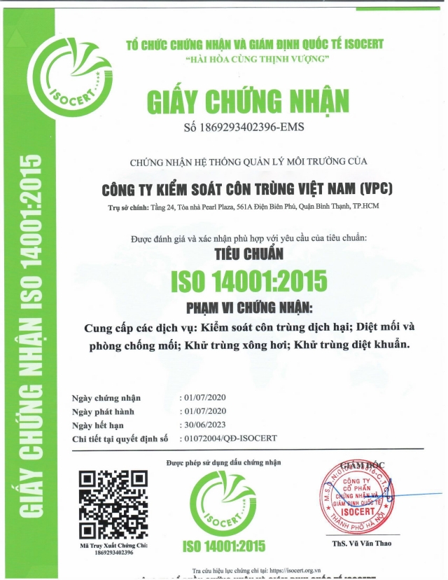 Công ty Kiểm soát côn trùng Việt Nam VPC đạt Chứng nhận ISO 14001:2015