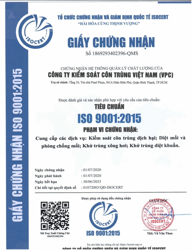 Công ty kiểm soát côn trùng Việt Nam VPC đạt Chứng nhận ISO 9001:2015
